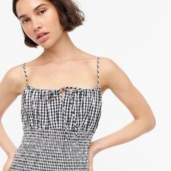J Crew Smocked Black White Gingham Tie Front Midi Dress Bodycon Fitted NWT 00 - Picture 2 of 14